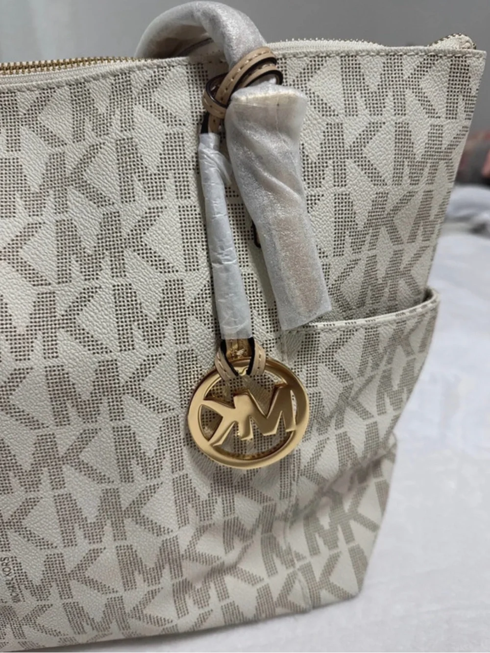 NWT Michael Kors Cream and Taupe Logo Tote with Gold Charm